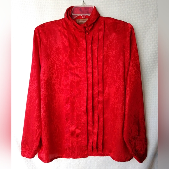 Red on Red Embossed Blouse High Neck Size 14 Chest 40" - Picture 1 of 5